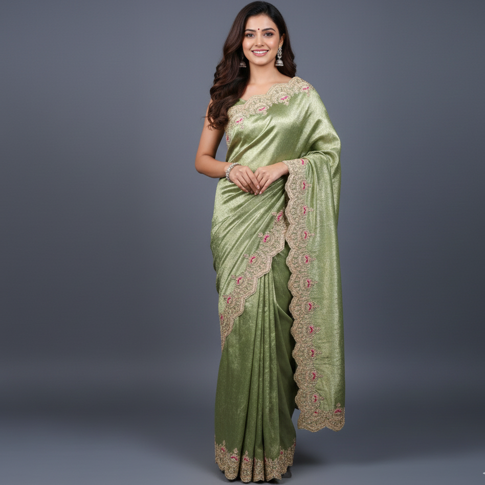 Aaira Olive Green Tissue Handwork Saree