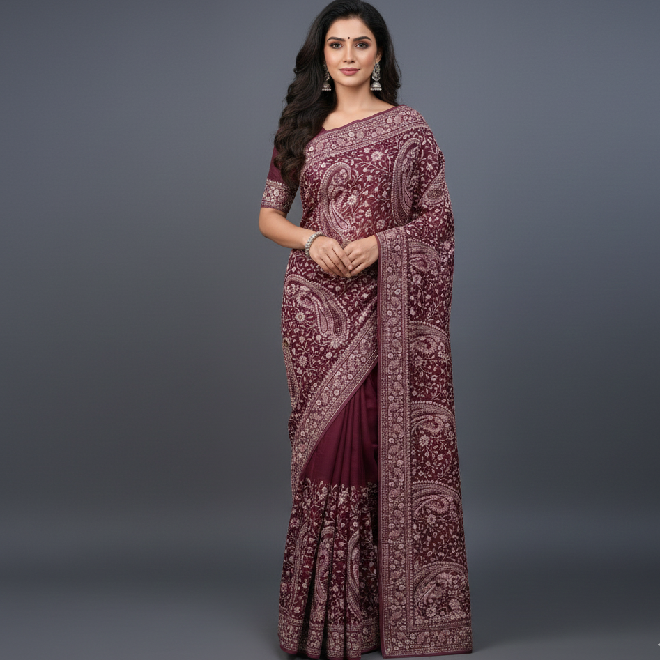 Aaliyah Dark Purple Georgette Kashmiri Saree