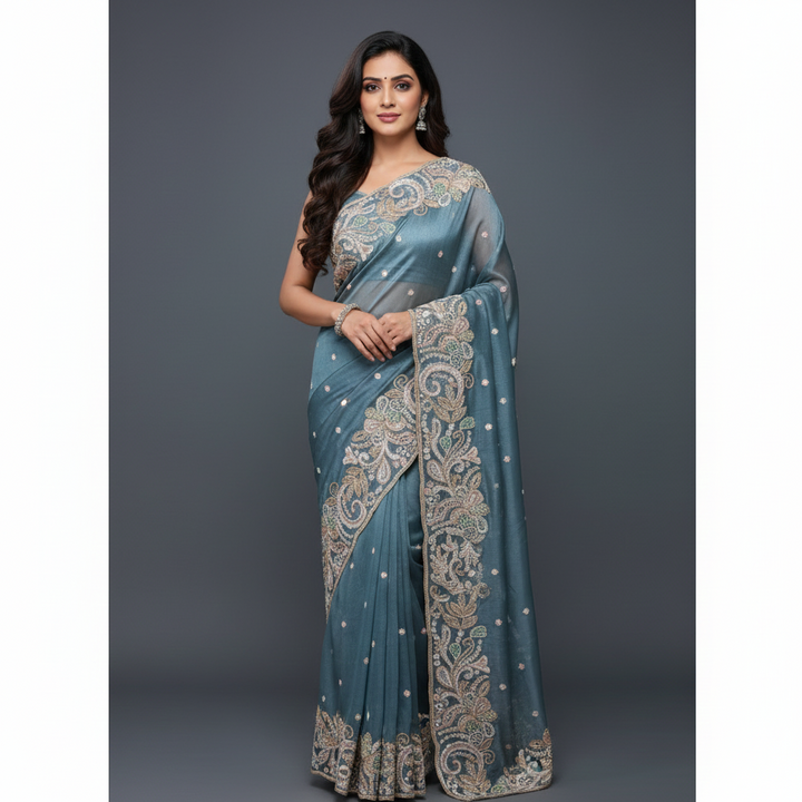 Powder Blue Tissue Handwork Saree