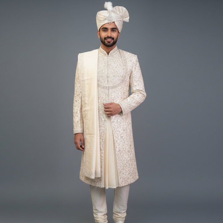 Soft Ivory Designer Sherwani with allover Cutdana, Sequins & Zari Embroidery | Luxury Wedding & Groom Wear
