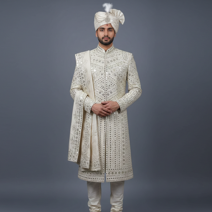 Ivory Sherwani Set with allover Cutdana & Mirrorwork Embroidery | Premium Wedding & Groom wear