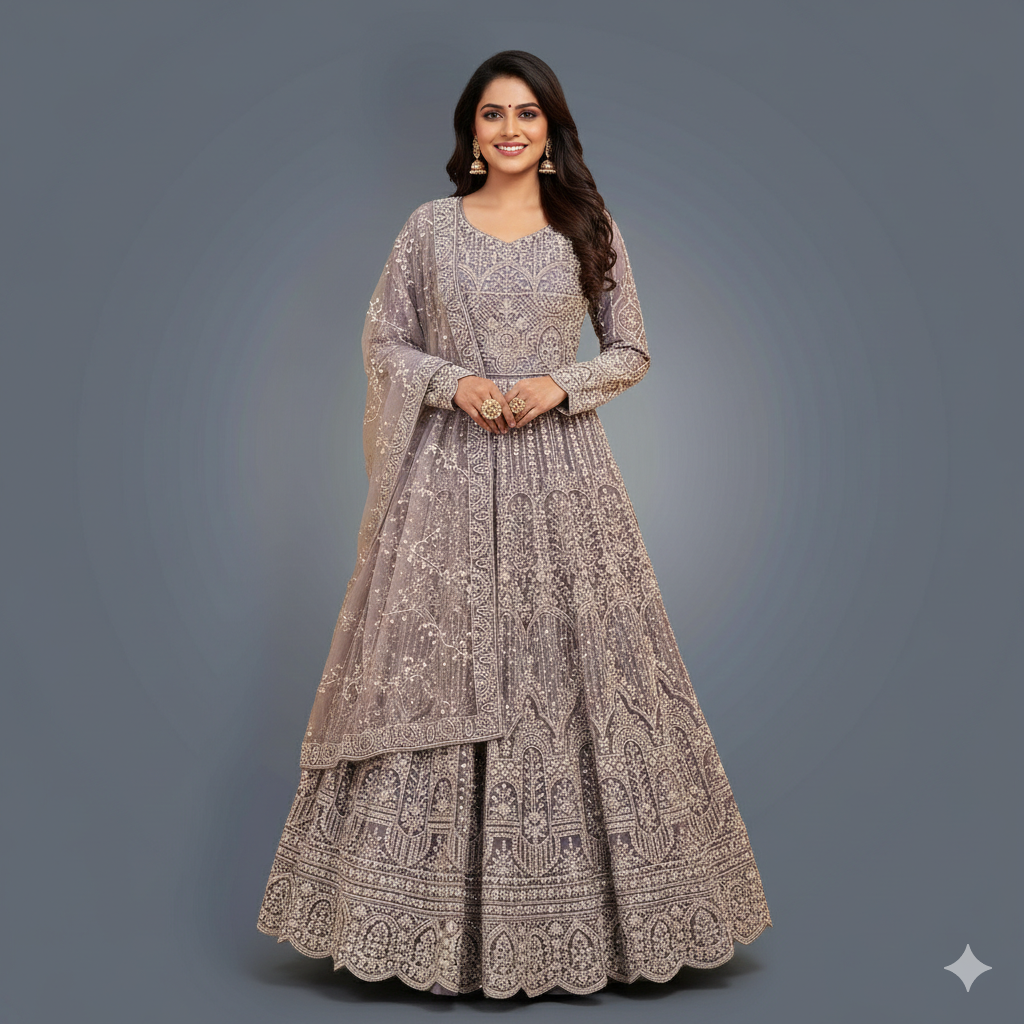 Smokey Grey Designer Bridal Lehenga Dress with Heavy Zari, Cutdana and Hand Embroidery