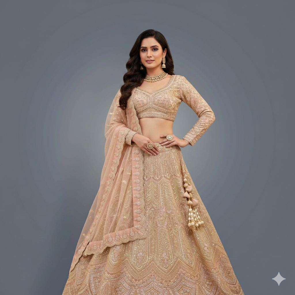 Pastel Peach Bridal Lehenga Set with Zari, Sequins and Hand Embroidery