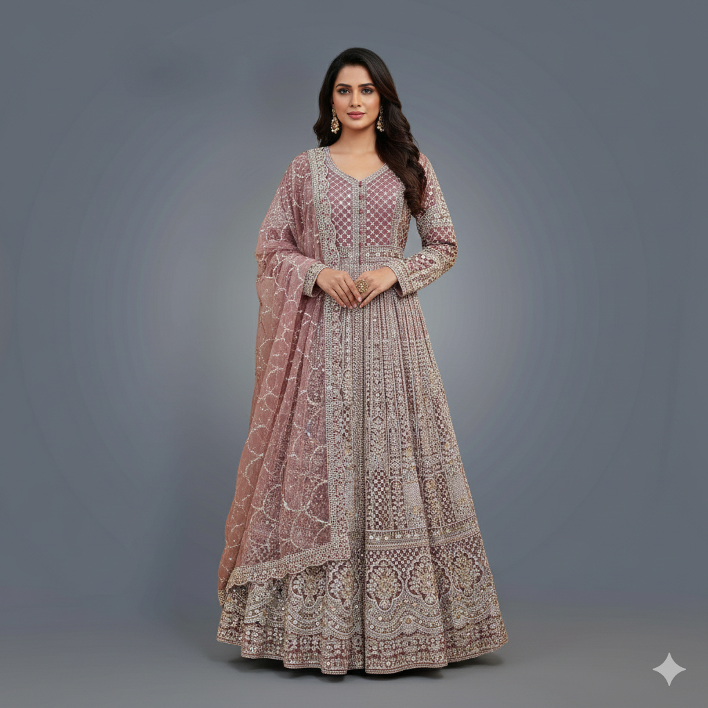 Deep Mauve Designer Anarkali Bridal Dress with Heavy Zari, Sequins, Cutdana and Hand Embroidery