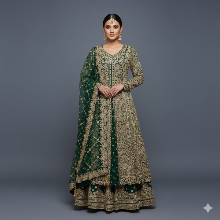 Bottle Green Designer Bridal Lehenga Dress with Heavy Zari, Cutdana and Hand Embroidery