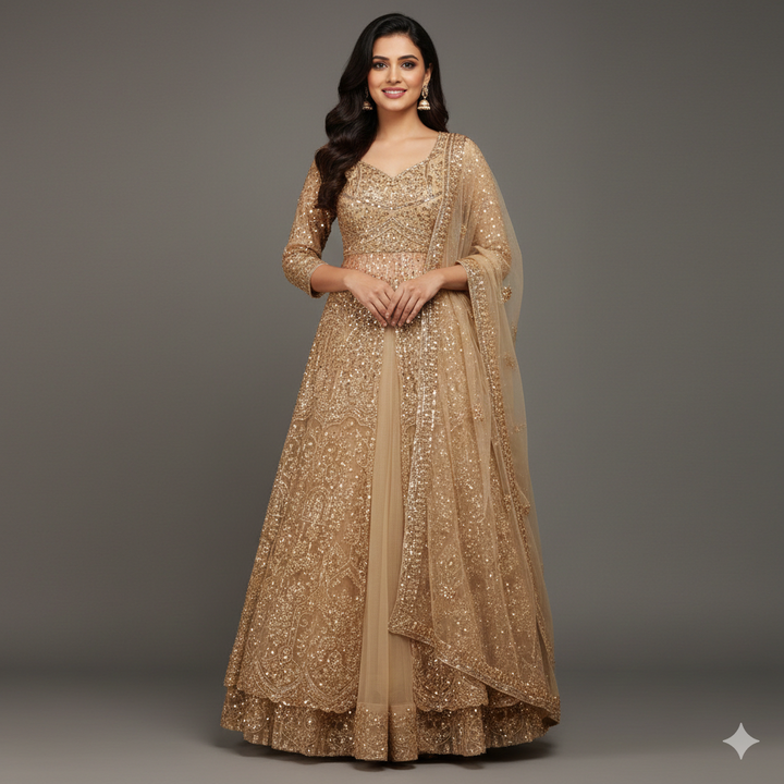 Metallic Beige Bridal Lehenga Dress with Heavy Zari, Sequins and Hand Embroidery