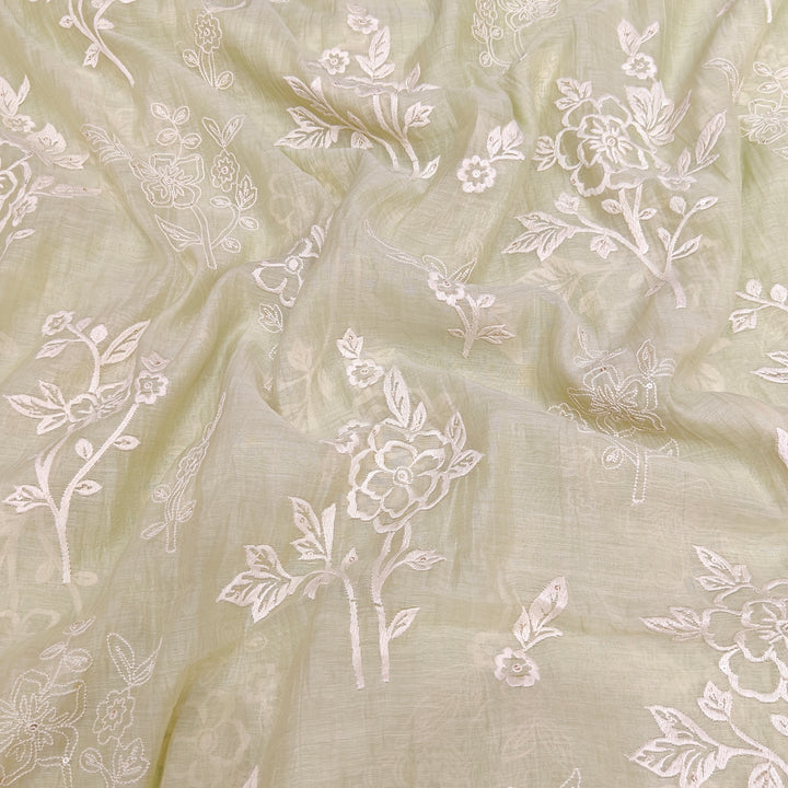 Pastel Grey Mul Chanderi Thread Sequins Embroidery Fabrics