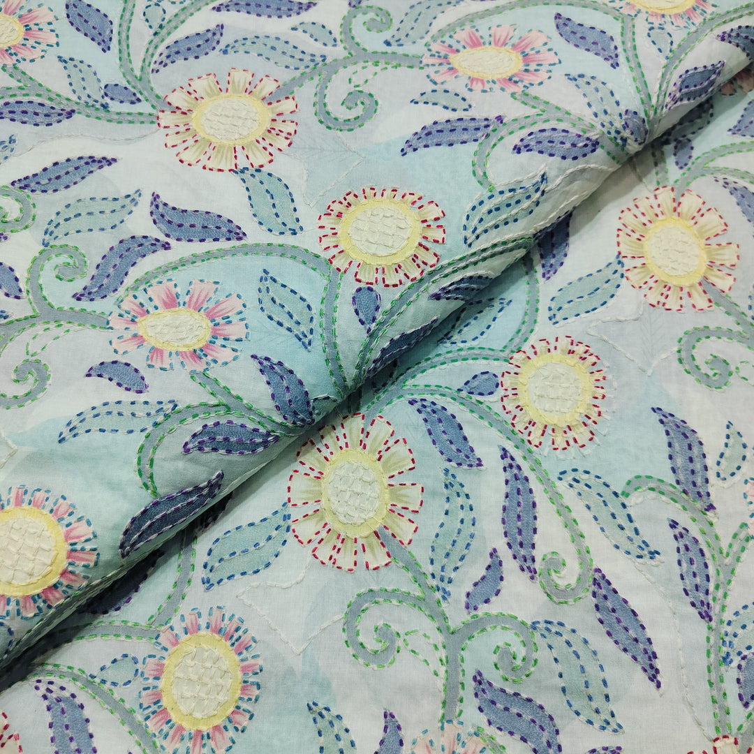 Beautiful Cotton Prints With Kantha Thread Work  Embroidery Fabric