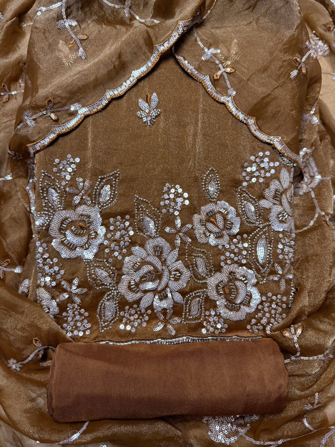 Simmer Organza Moti sequins With Cut dana Work Unstitched suit set