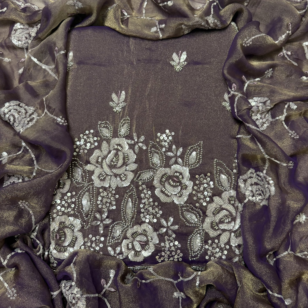 Simmer Organza Moti sequins With Cut dana Work Unstitched suit set