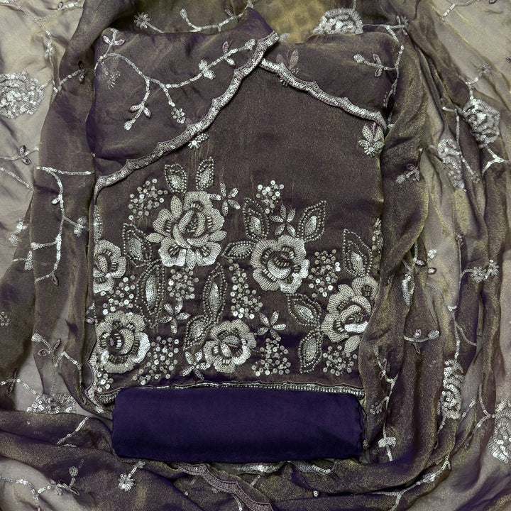Simmer Organza Moti sequins With Cut dana Work Unstitched suit set