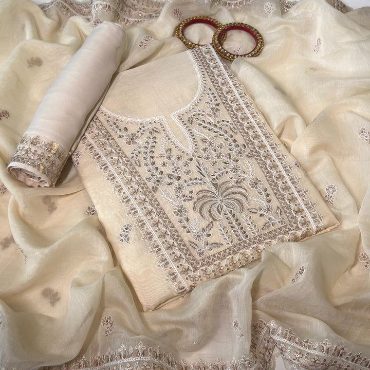 Pure Mal Cotton Zari Sequins Work Unstitched Suit Set  SKE28261-3