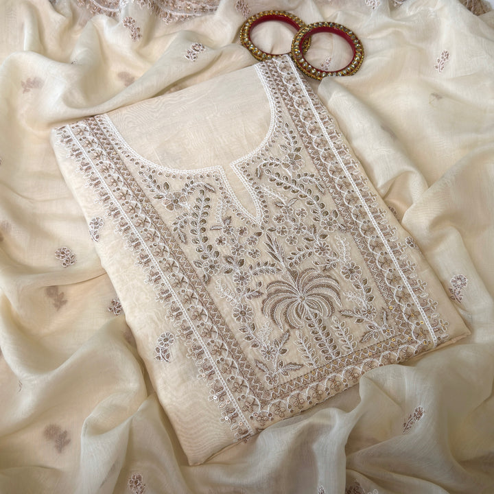 Pure Mal Cotton Zari Sequins Work Unstitched Suit Set  SKE28261-3