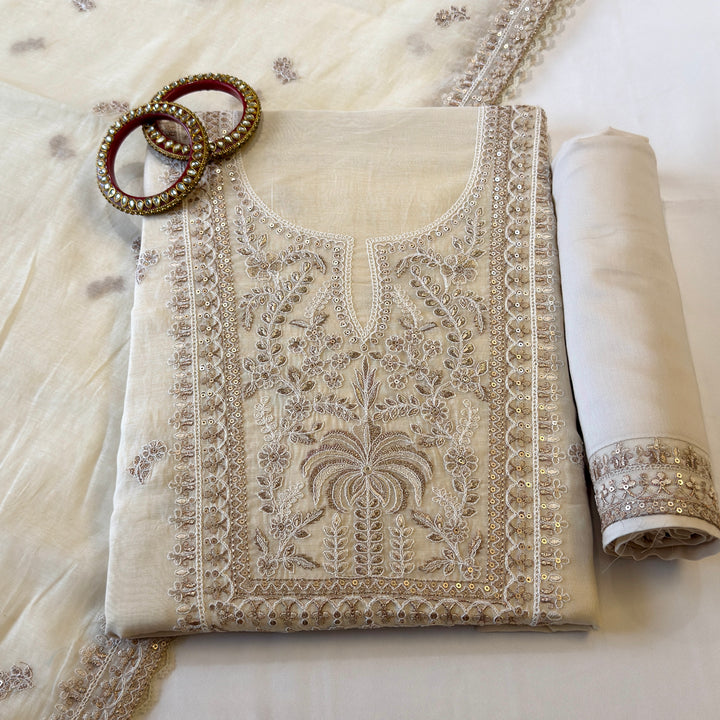 Pure Mal Cotton Zari Sequins Work Unstitched Suit Set  SKE28261-3