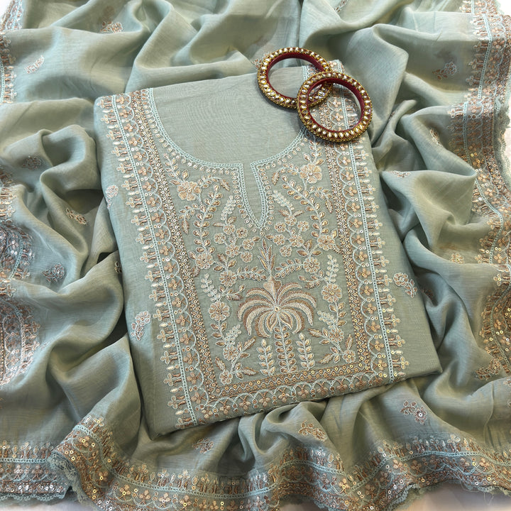 Pure Mal Cotton Zari Sequins Work Unstitched Suit Set  SKE28261-1