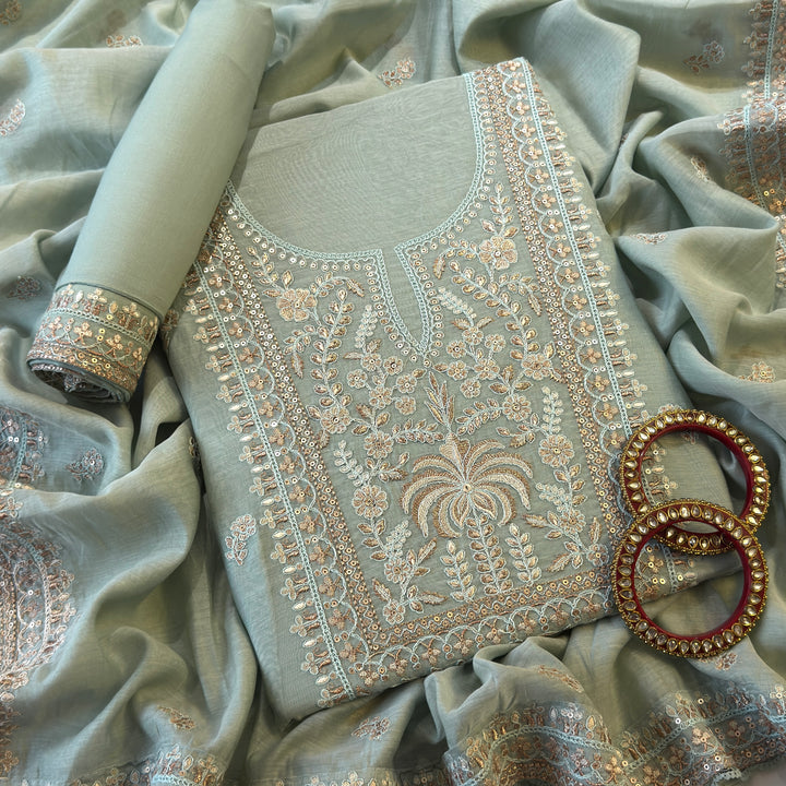 Pure Mal Cotton Zari Sequins Work Unstitched Suit Set  SKE28261-1