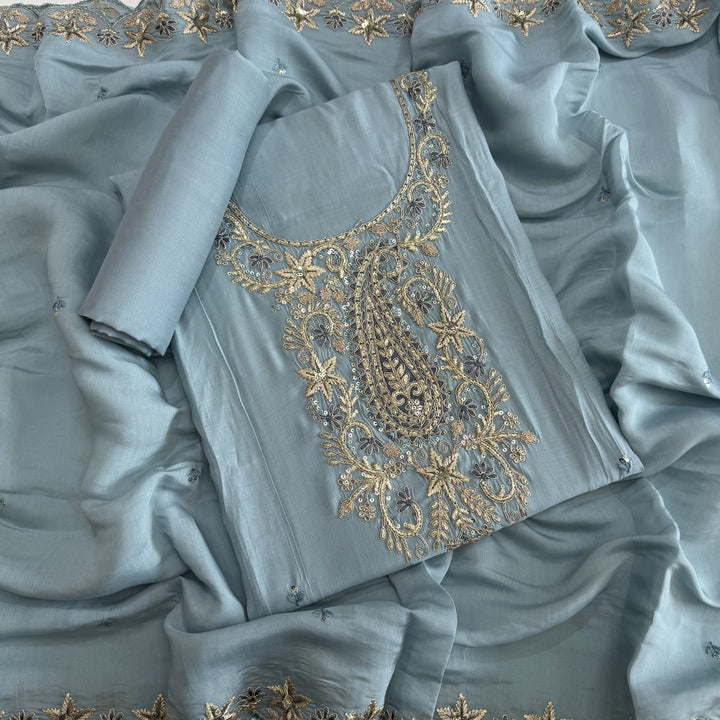 Muslin Cotton Zari & Sequins Work Unstitched Suit Set-LF8427-1