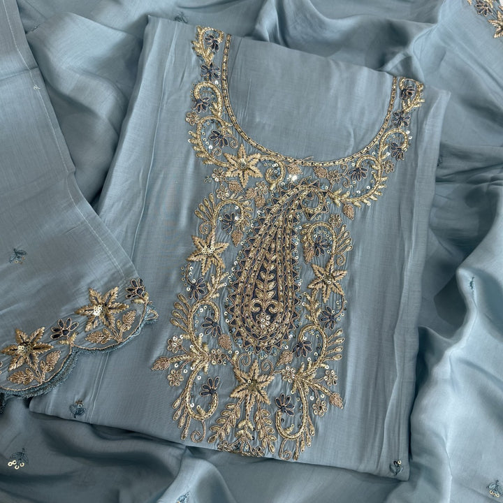 Muslin Cotton Zari & Sequins Work Unstitched Suit Set-LF8427-1