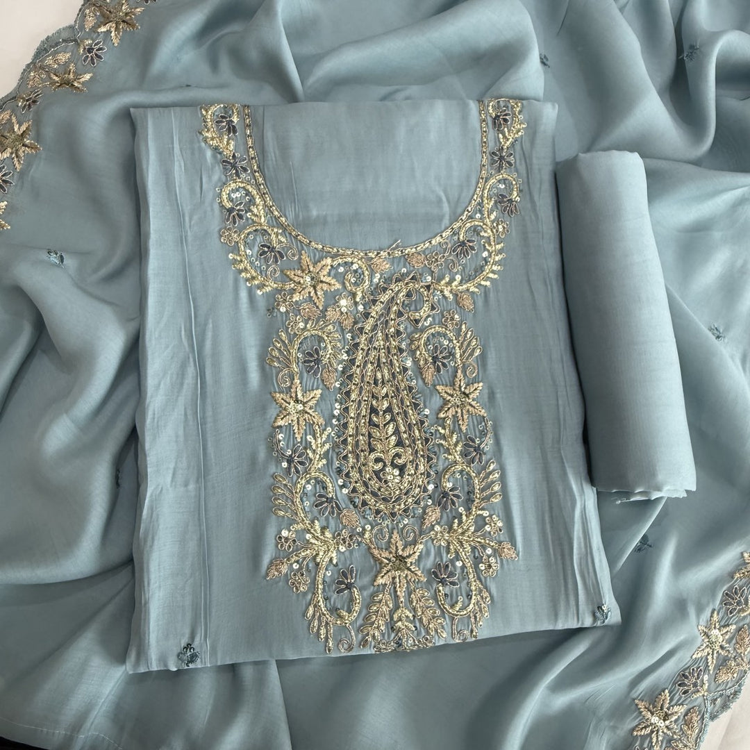 Muslin Cotton Zari & Sequins Work Unstitched Suit Set-LF8427-1