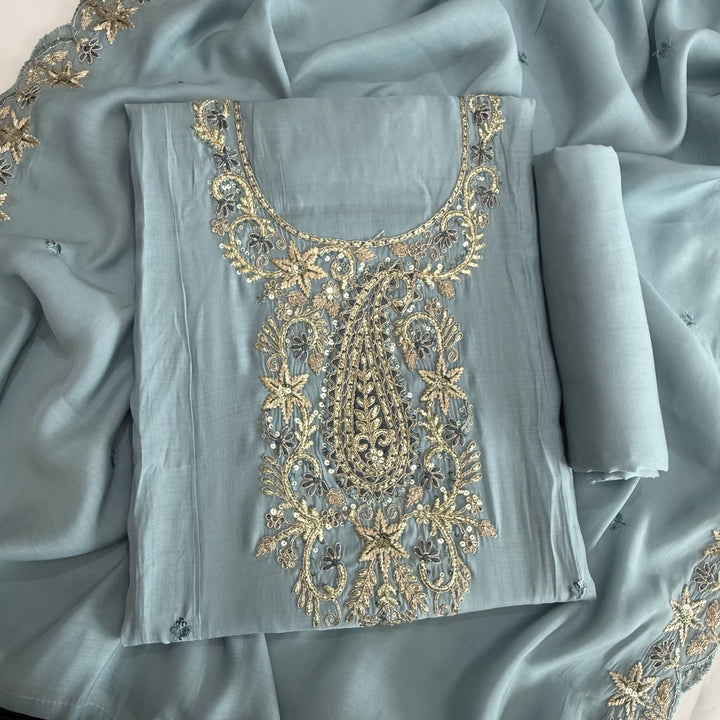 Muslin Cotton Zari & Sequins Work Unstitched Suit Set-LF8427-1