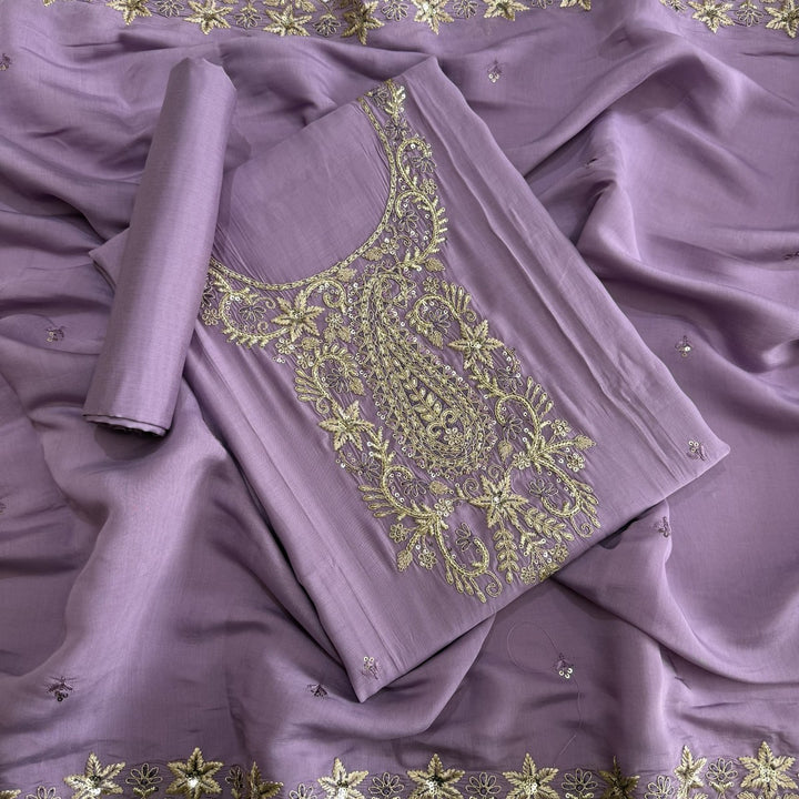 Muslin Cotton Zari & Sequins Work Unstitched Suit Set-LF8427-2
