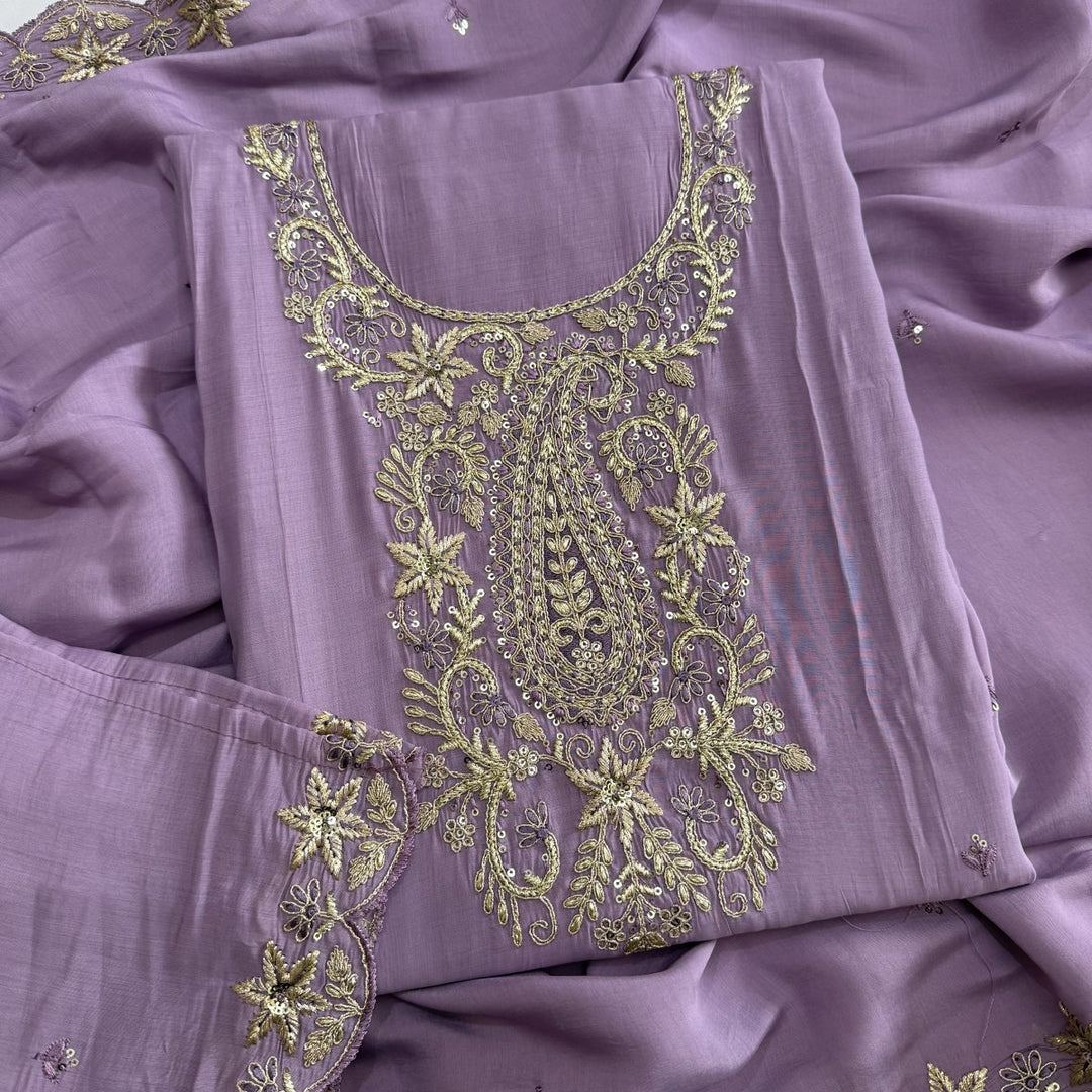 Muslin Cotton Zari & Sequins Work Unstitched Suit Set-LF8427-2