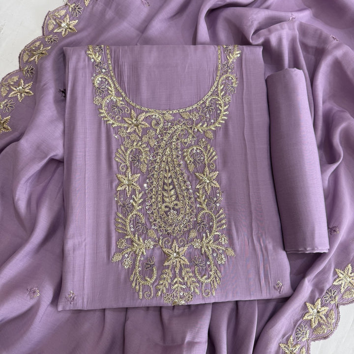 Muslin Cotton Zari & Sequins Work Unstitched Suit Set-LF8427-2