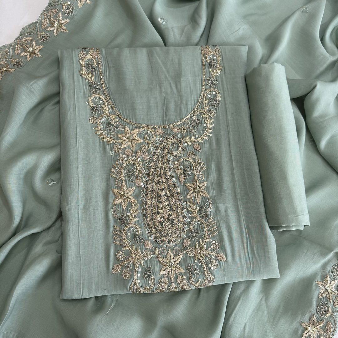 Muslin Cotton Zari & Sequins Work Unstitched Suit Set-LF8427-3