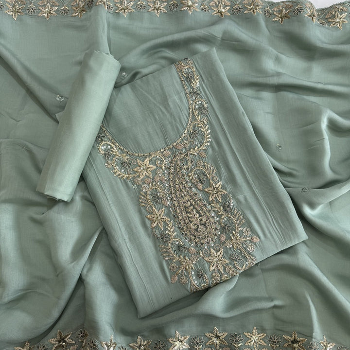 Muslin Cotton Zari & Sequins Work Unstitched Suit Set-LF8427-3