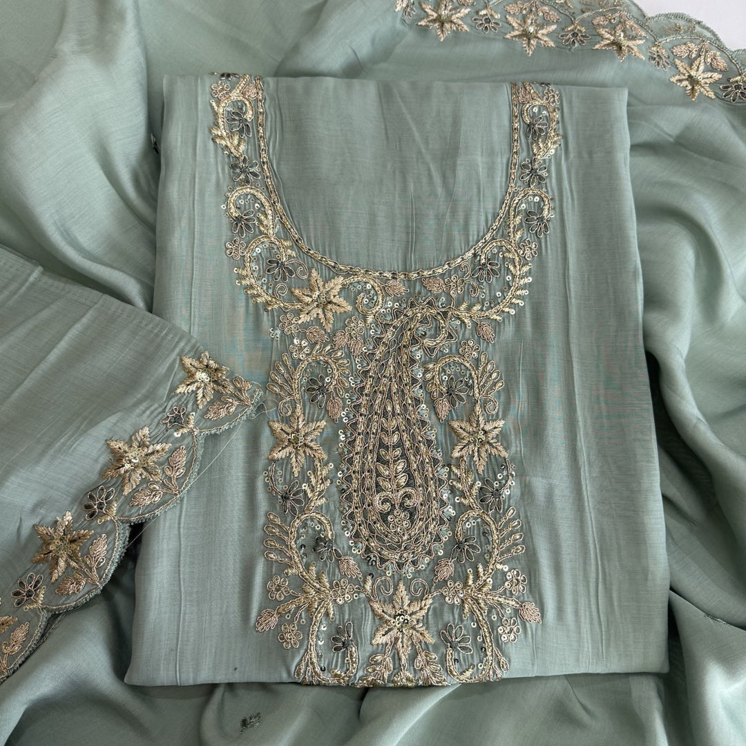 Muslin Cotton Zari & Sequins Work Unstitched Suit Set-LF8427-3