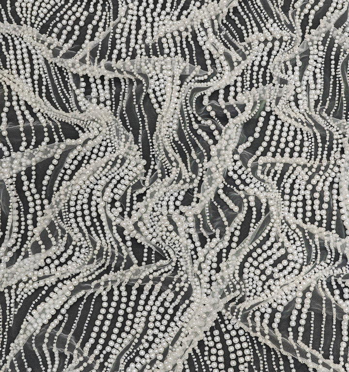 Beautiful Cut Dana and Pearl Wavy Embroidery Work on White Color Soft Net Fabric