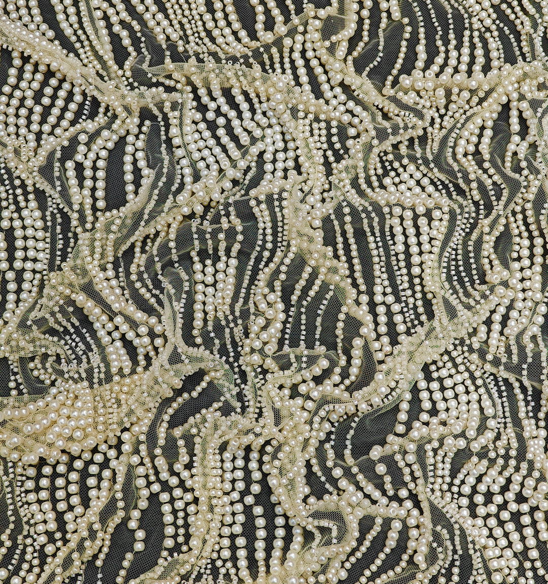 Beautiful Cut Dana and Pearl Wavy Embroidery Work on Light Mango Yellow Color Soft Net Fabric