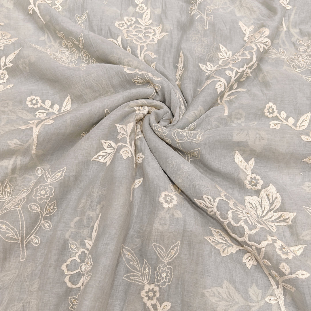 Silver Chalice Mul Chanderi Thread Sequins Embroidery Fabrics