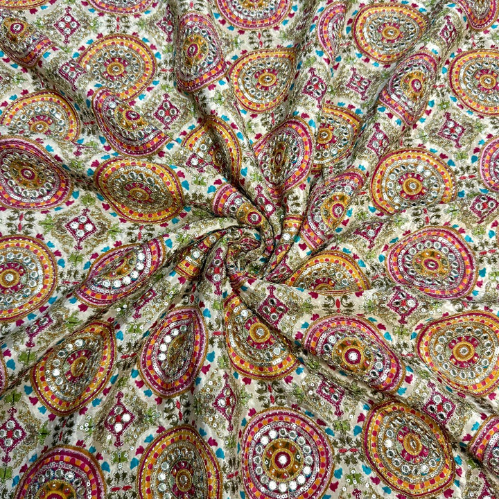 Crepe Position Print With Zari Sequins Embroidery