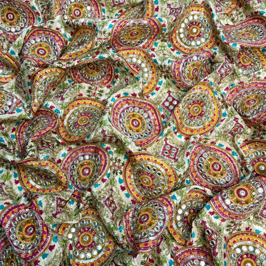 Crepe Position Print With Zari Sequins Embroidery