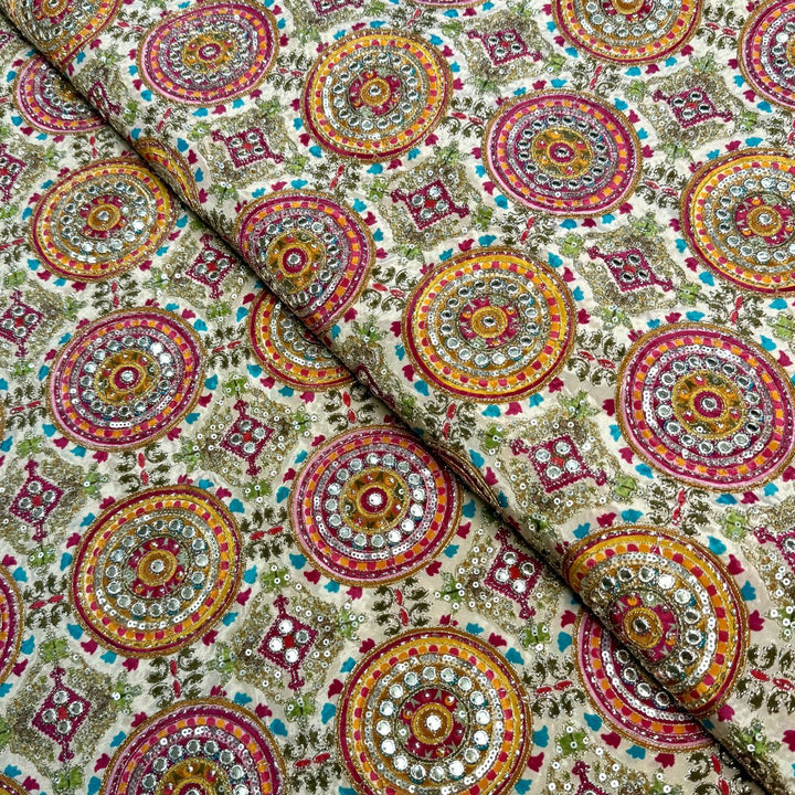 Crepe Position Print With Zari Sequins Embroidery