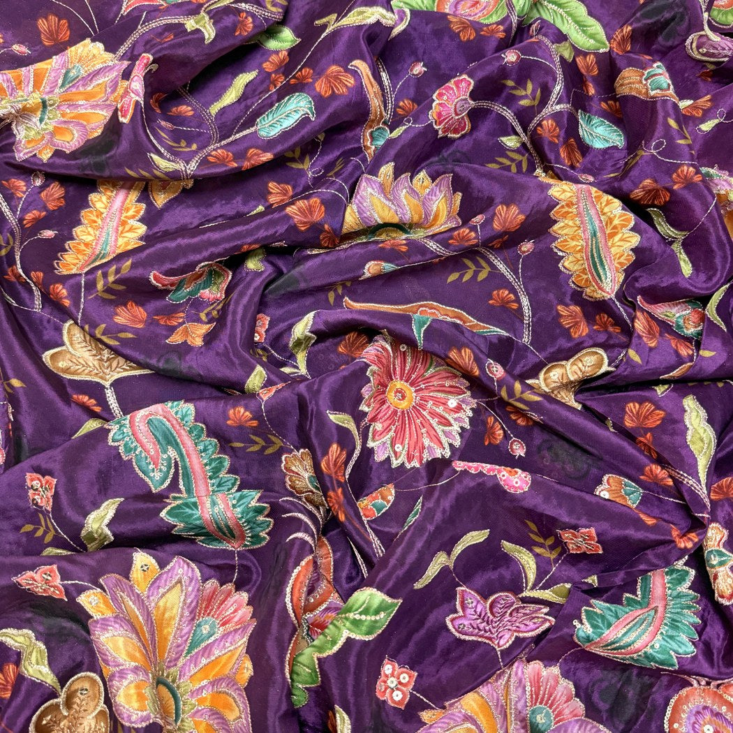 Crepe Position Print With Zari Sequins Embroidery