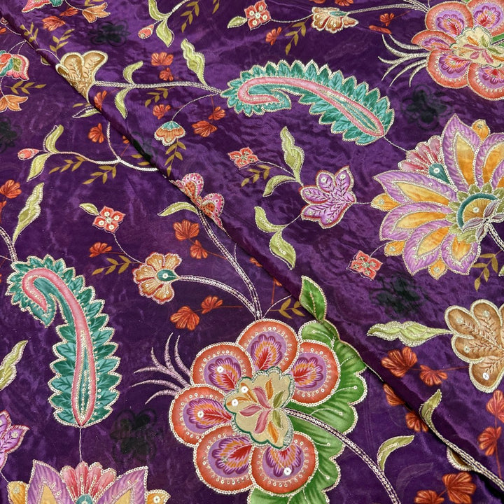 Crepe Position Print With Zari Sequins Embroidery