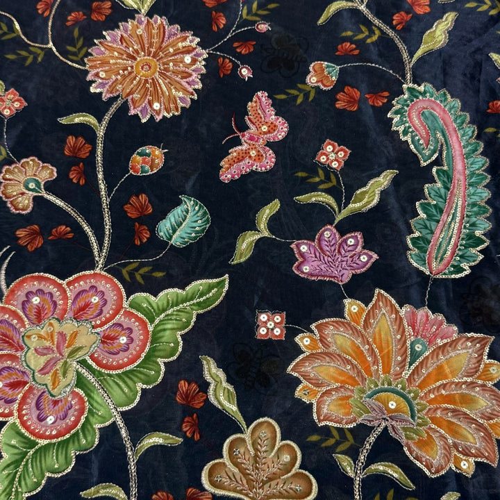 Crepe Position Print With Zari Sequins Embroidery