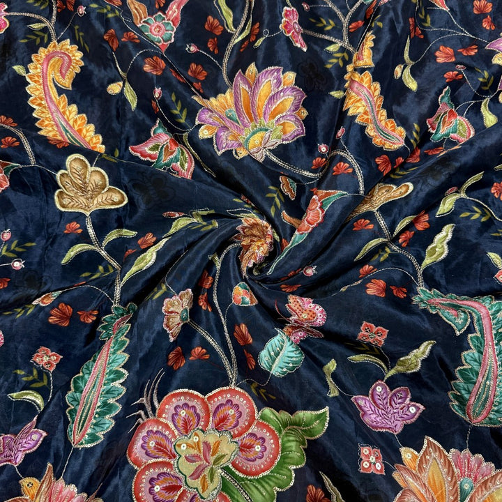 Crepe Position Print With Zari Sequins Embroidery