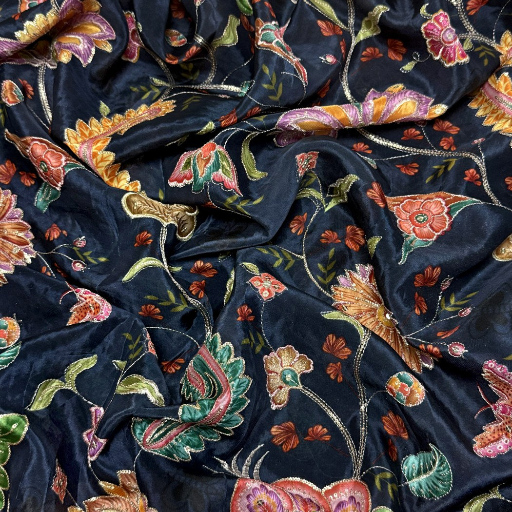 Crepe Position Print With Zari Sequins Embroidery