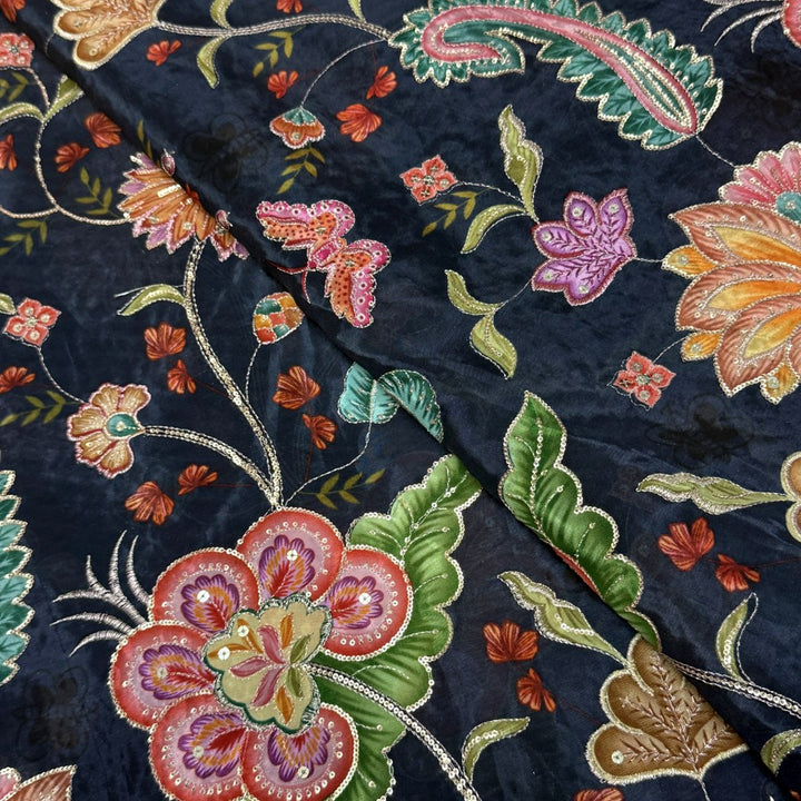 Crepe Position Print With Zari Sequins Embroidery