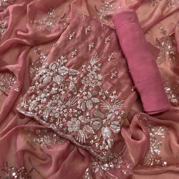 Simmer Organza Moti sequins With Cut dana Work Unstitched suit set