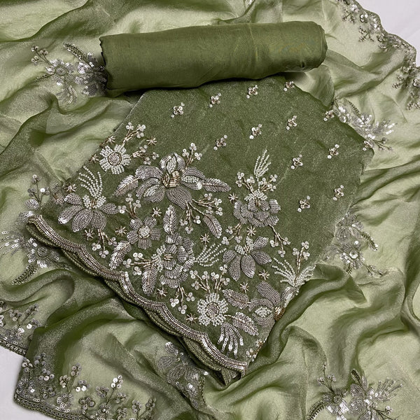 Simmer Organza Moti sequins With Cut dana Work Unstitched suit set
