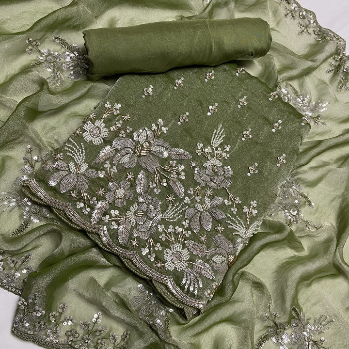 Simmer Organza Moti sequins With Cut dana Work Unstitched suit set