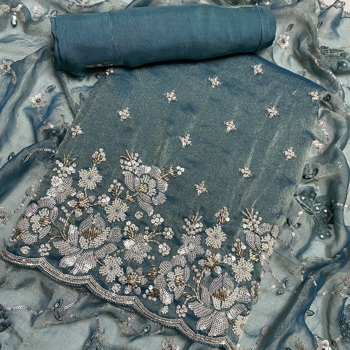 Simmer Organza Moti sequins With Cut dana Work Unstitched suit set