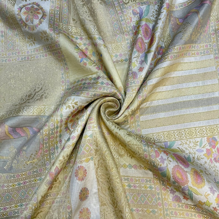 Dola Silk Position Print With Zari Jaquard Fabrics