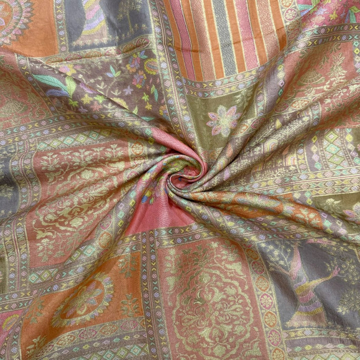 Dola Silk Position Print With Zari Jaquard Fabrics