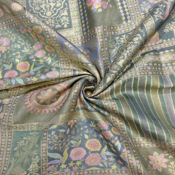 Dola Silk Position Print With Zari Jaquard Fabrics