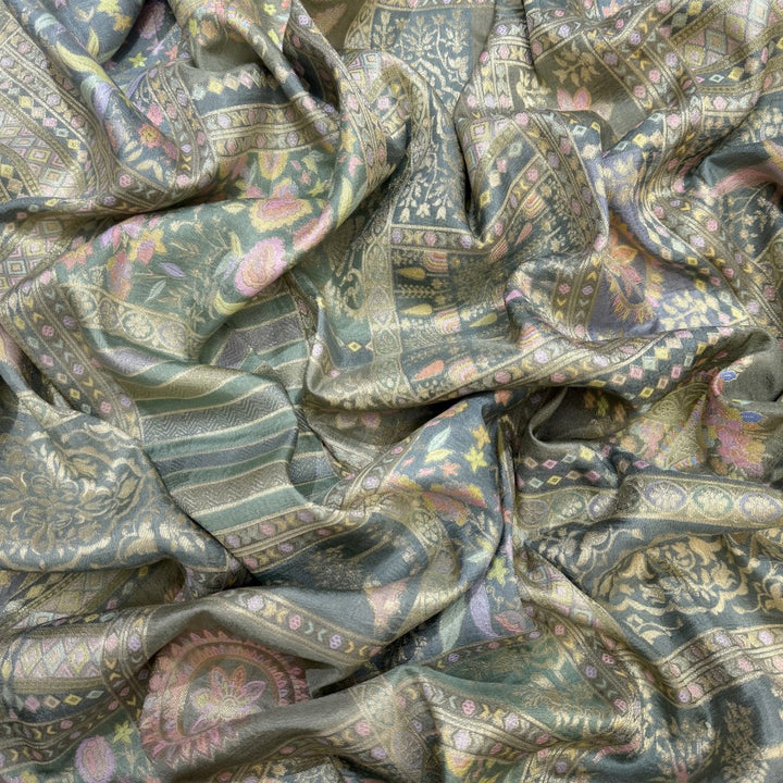 Dola Silk Position Print With Zari Jaquard Fabrics